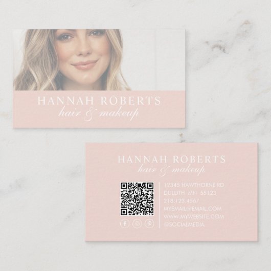 Carte De Visite Blush Rose Écriture Réseaux Sociaux Code QR Photo  (Devant / Derrière)