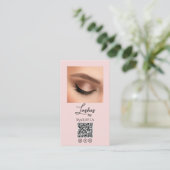 Carte De Visite Blush Rose Logo Script Code QR Photo Cils (Debout devant)