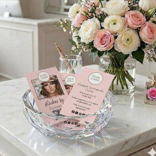 Carte De Visite Blush Rose Logo Script Code QR Photo Cils