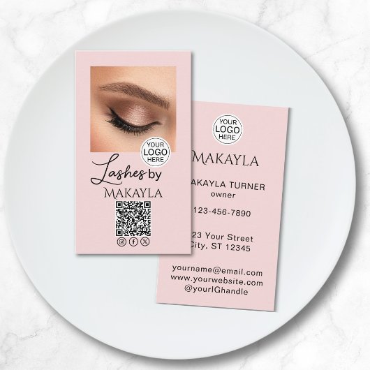Carte De Visite Blush Rose Logo Script QR Code Photo Cils