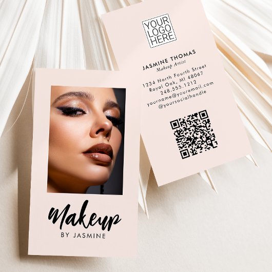 Carte De Visite Blush Rose Logo Script QR Code Photo Maquillage