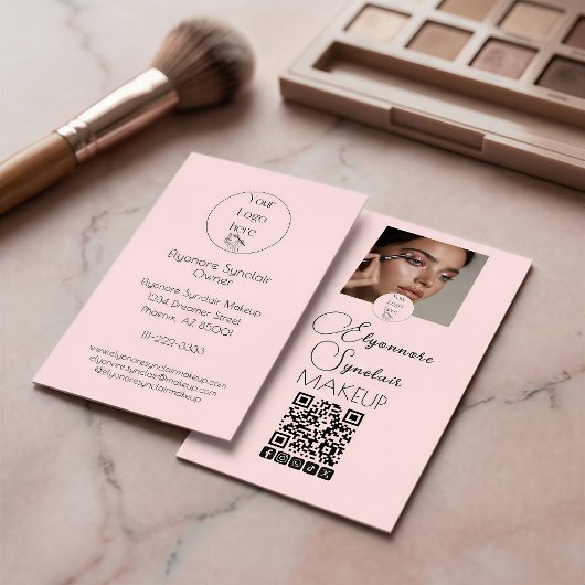 Carte De Visite Blush Rose Logo Script QR Code Photo Maquillage