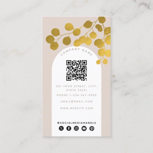 Carte De Visite Blush rose or Feuille moderne Arch QR Code (Dos)