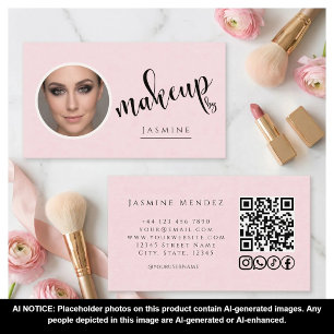 Carte De Visite Blush Rose Photo MUA QR Code Icônes Sociaux 