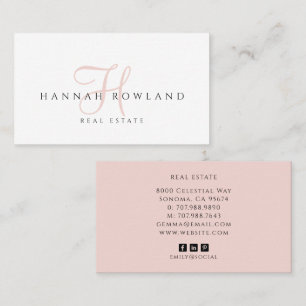 Carte De Visite Blush Rose Script Monogramme Nom Immobilier
