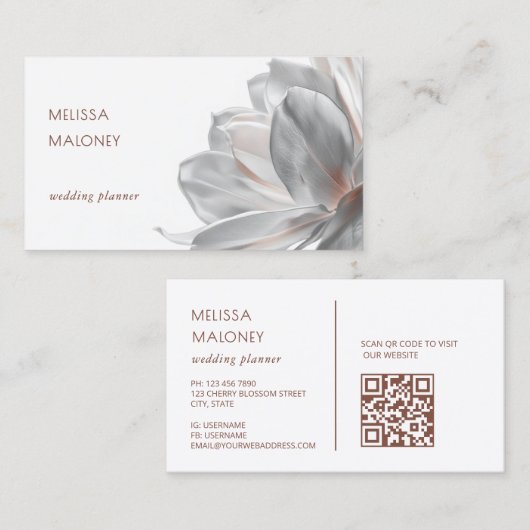 Carte De Visite Blush Silver Magnolia White QR Code Business Card (Devant / Derrière)