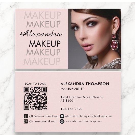 Carte De Visite BlushPink Noir Icône Sociale Code Qr Photo Script