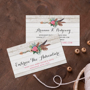 Carte De Visite Bohemian Feather Arrow & Rose on Rustic White Wood