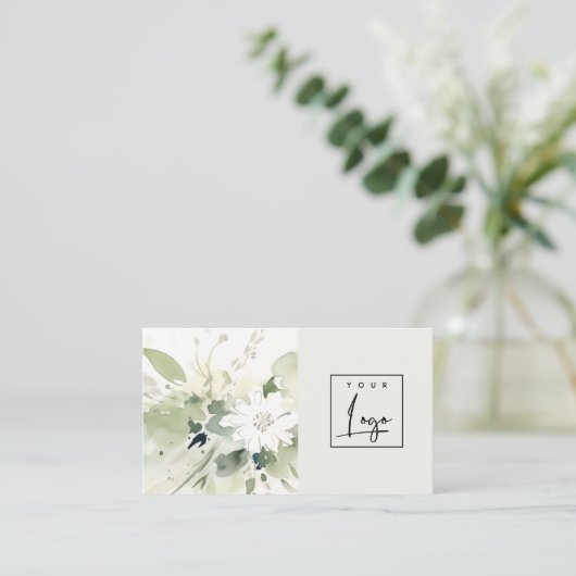 Carte De Visite Boho Abstrait vert blanc floral (Debout devant)