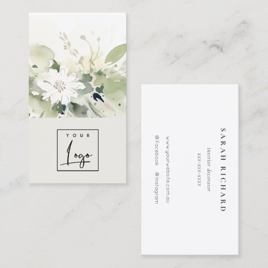 Carte De Visite Boho Abstrait vert blanc floral (Devant / Derrière)