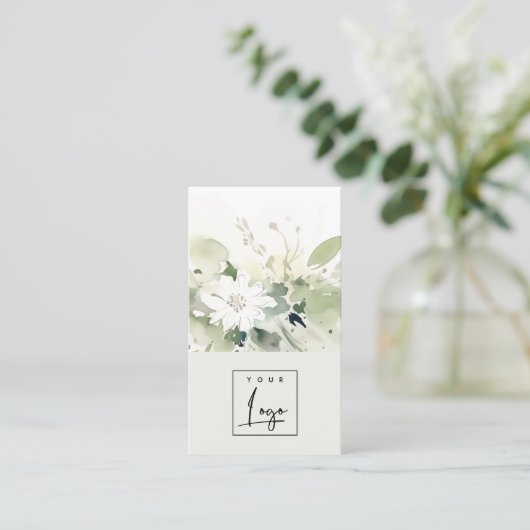 Carte De Visite Boho Abstrait vert blanc floral (Debout devant)