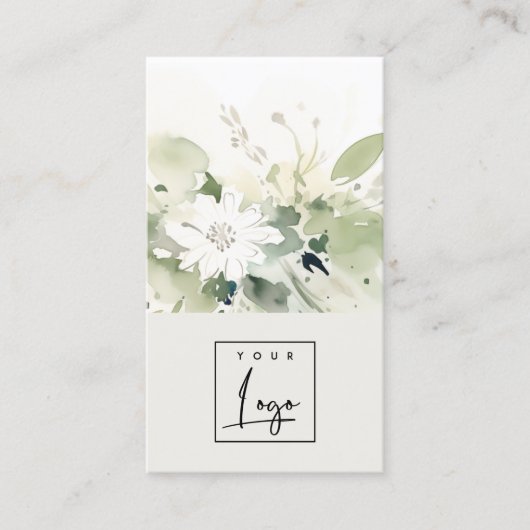 Carte De Visite Boho Abstrait vert blanc floral (Devant)