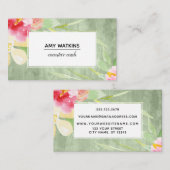 Carte De Visite Boho Aquarelle Fleurs sur bois vert rustique (Devant / Derrière)