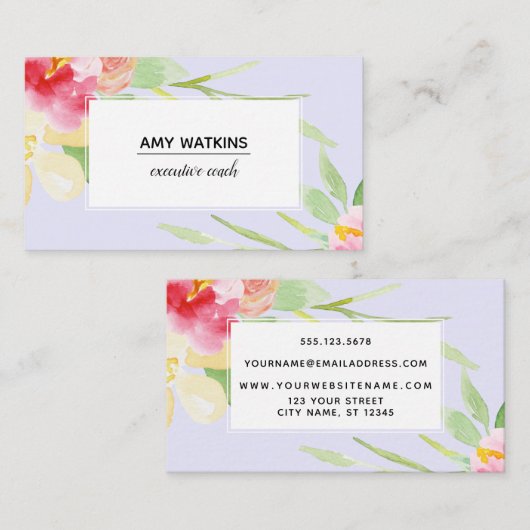 Carte De Visite Boho Aquarelle Fleurs sur Lavande (Devant / Derrière)