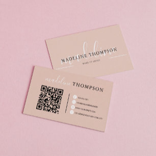 Carte De Visite Boho Beige Calligraphie Script code QR