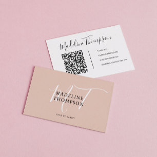 Carte De Visite Boho Beige et blanc Script Calligraphie code QR