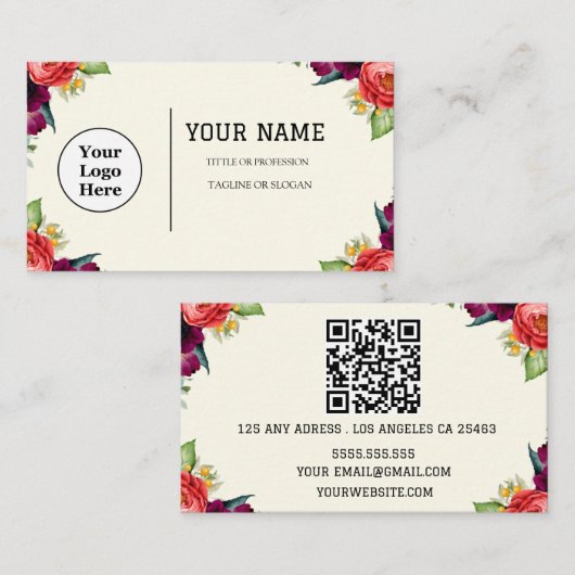 Carte De Visite Boho Beige Floral Calligraphie Script code QR (Devant / Derrière)