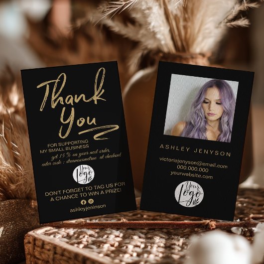 Carte De Visite Boho Black and Gold Script Photo Thank You Logo