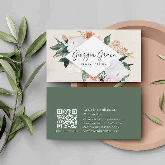 Carte De Visite Boho Blooms aquarelle géométrique Floral QR Code