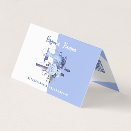 Carte De Visite Boho Blue Floral Seamstress machine à coudre plié (Devant)