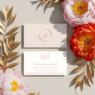 Carte De Visite Boho Blush Watercolor Floral Crest Wreath Monogram