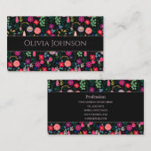 Carte De Visite Boho Botanique Aquarelle Fleurs Noir (Devant / Derrière)