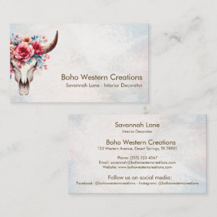 Carte De Visite Boho Chic Aquarelle Multicolore Floral Vache Crâne