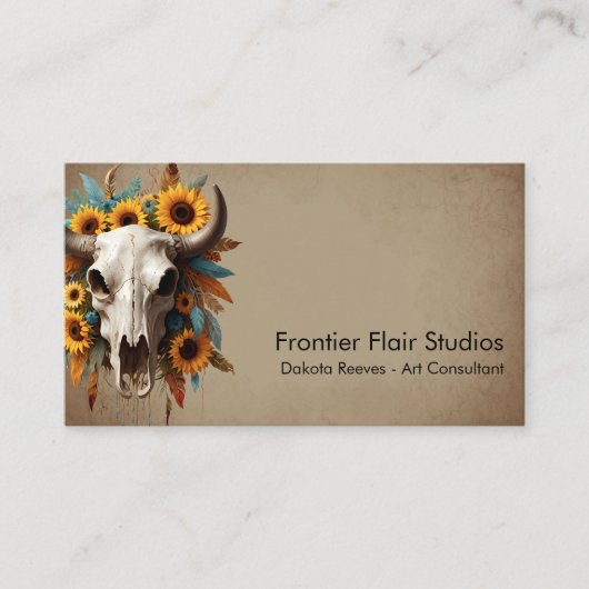 Carte De Visite Boho Chic Aquarelle Tournesol Plumes Vache crâne (Devant)