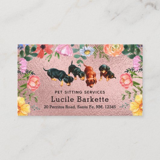 Carte De Visite Boho Dachshunds Pet Sitting Wildflowers Pink Foil (Devant)