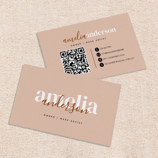 Carte De Visite Boho Desert Rose Beige Script QR Code