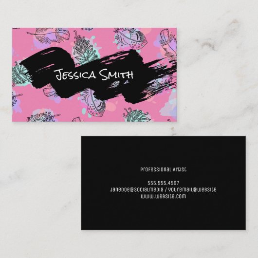 Carte De Visite Boho Feather Art Motif (Devant / Derrière)