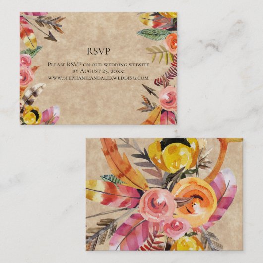 Carte De Visite Boho Feathers Flèches Fleurs Mariage rustique (Devant / Derrière)