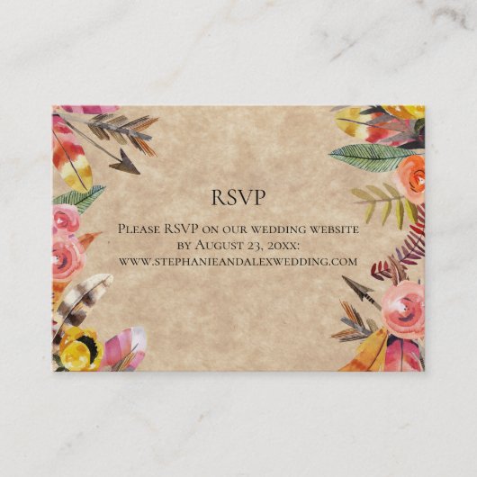 Carte De Visite Boho Feathers Flèches Fleurs Mariage rustique (Devant)