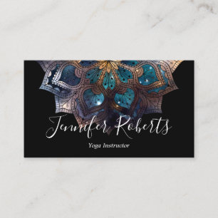 Carte De Visite Boho Floral Bleu Or Mandala Chic Noir