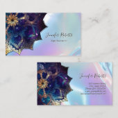 Carte De Visite Boho Floral Blue Gold Mandala Chic Iridescent (Devant / Derrière)