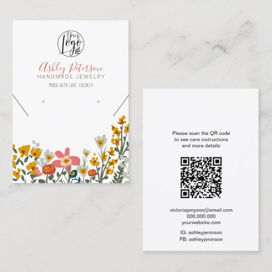 Carte De Visite Boho floral logo bijoux oreille collier Qr code (Devant / Derrière)
