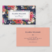 Carte De Visite Boho Floral Patch - Marine Blue & Coral (Devant / Derrière)