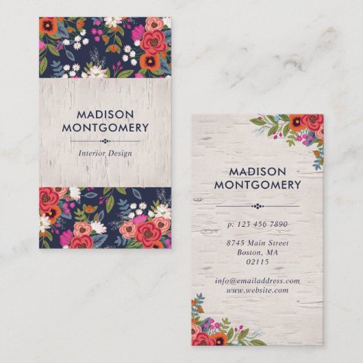 Carte De Visite Boho Floral Pattern - Navy Blue & Birch (Devant / Derrière)