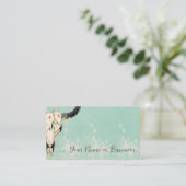 Carte De Visite Boho Floral Vache Crâne sur Turquoise (Debout devant)