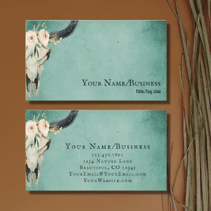 Carte De Visite Boho Floral Vache Crâne sur Turquoise