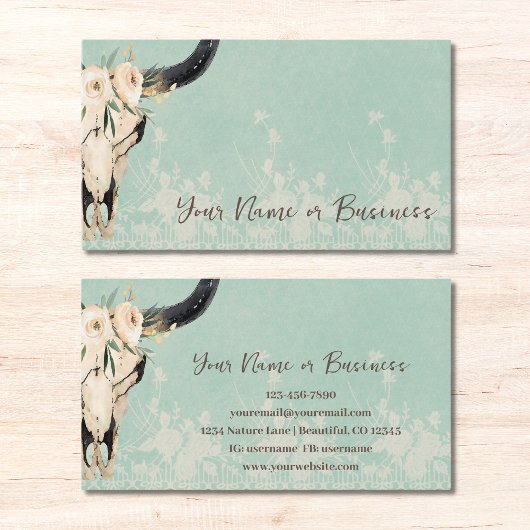 Carte De Visite Boho Floral Vache Crâne sur Turquoise
