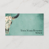 Carte De Visite Boho Floral Vache Crâne sur Turquoise (Devant)
