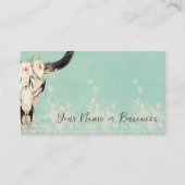 Carte De Visite Boho Floral Vache Crâne Turquoise et crème (Devant)