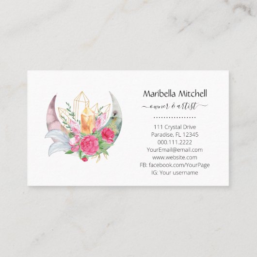 Carte De Visite Boho Lune Cristaux Plumes Fleurs Bus Horizontal (Dos)