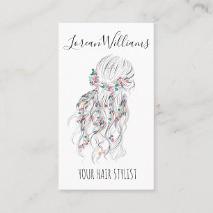 Carte De Visite Boho moderne noir blanc Wavy Style cheveux floral