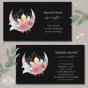 Carte De Visite Boho Moon Cristaux Plumes Fleurs Horizontal