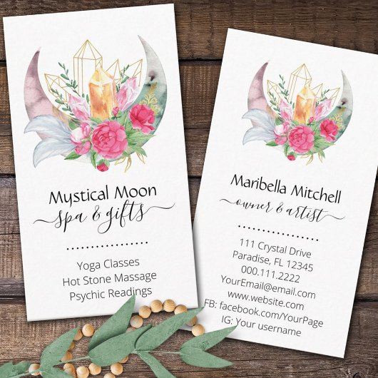 Carte De Visite Boho Moon Crystals Plumes Fleurs