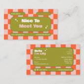 Carte De Visite Boho Orange Pink Green Retro Checkerboard (Devant / Derrière)