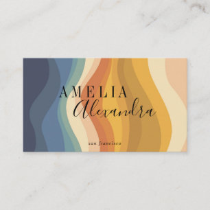 Carte De Visite Boho Retro Script Abstrait Wavy Lines Yellow QR