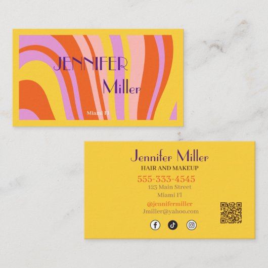 Carte De Visite Boho Retro Wavy Lines Social Media Code QR (Devant / Derrière)